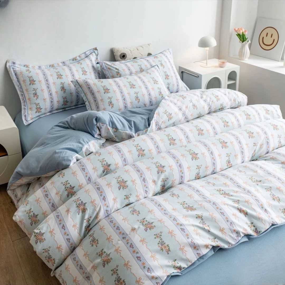 【甜甜家】条纹花-蓝：2米床单ins风温柔单件绵绸床单