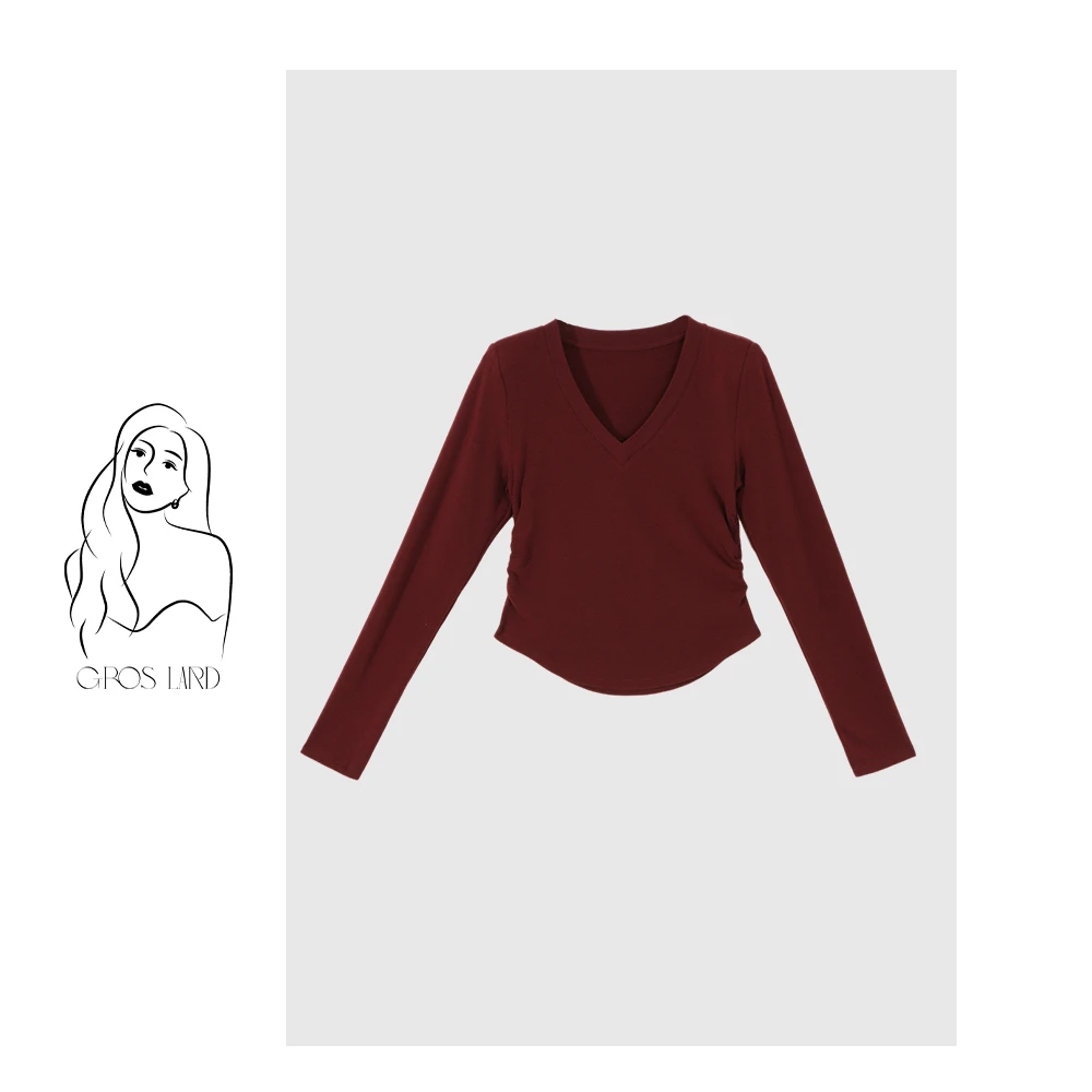 多肉宝贝【实穿打底】V领拉长脖颈线条长袖打底上衣T恤B3034