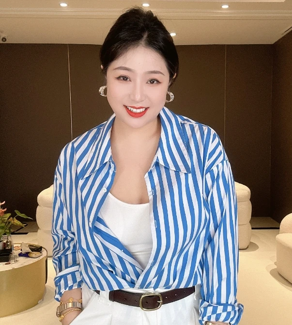 GROS LARD多肉宝贝蓝色条纹衬衫女微胖MM穿宽松休闲防晒W068