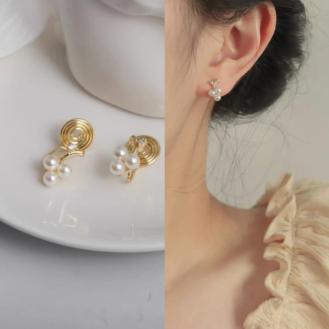 铜合金耳饰 无耳洞「小葡萄」小巧简约气质耳针设计感蚊香盘耳夹