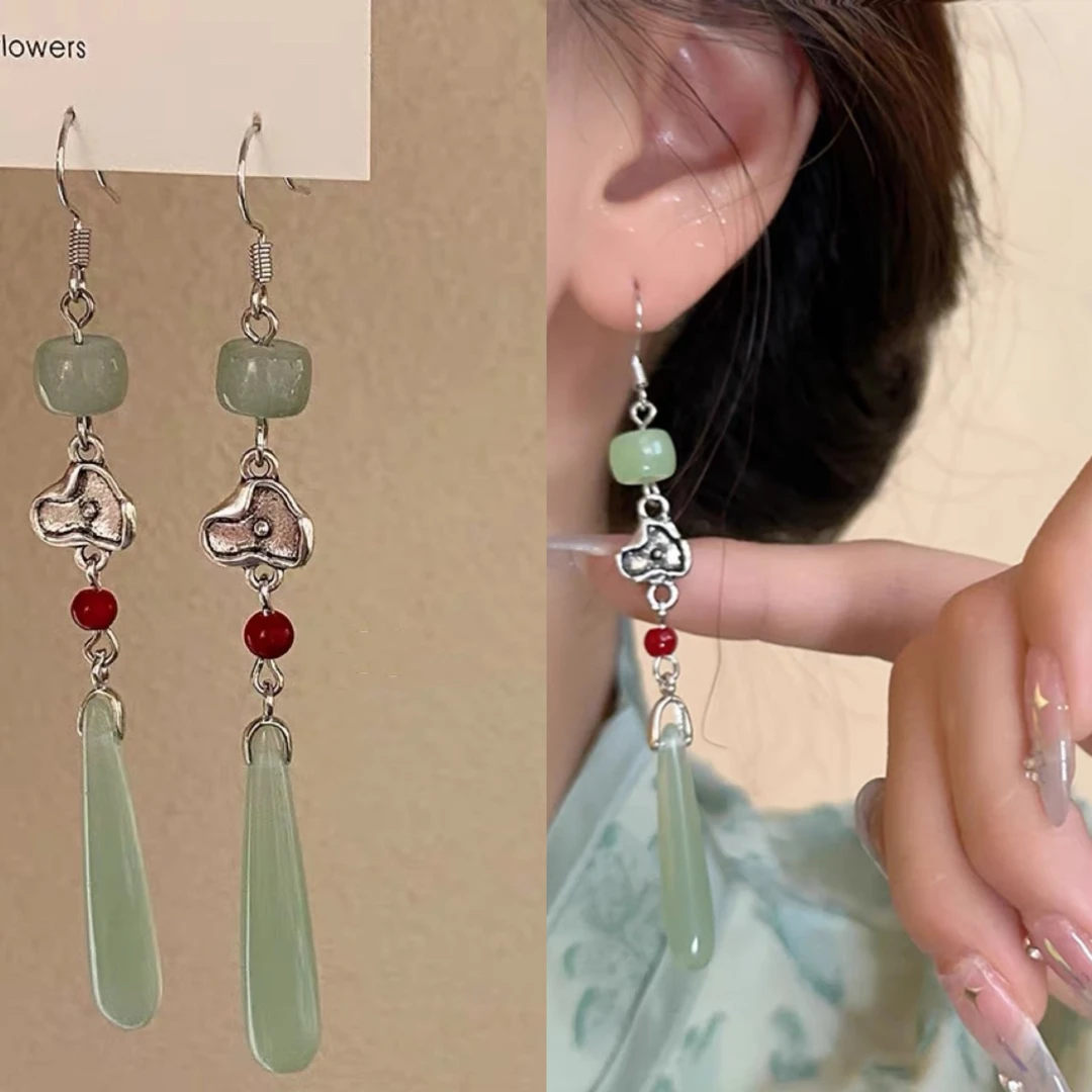 铜合金耳饰 无耳洞「 古相思曲」古风水滴耳环长款新中式蚊香盘耳夹