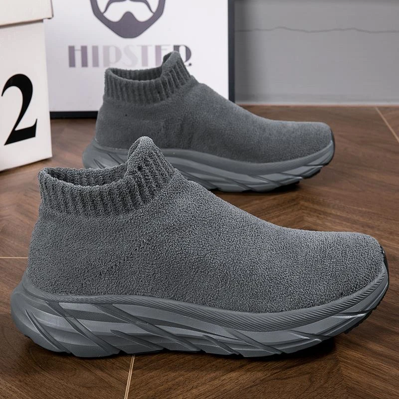艾足多走路男女呢绒面冬季保暖棉鞋休闲运动一脚蹬高帮懒人健步鞋