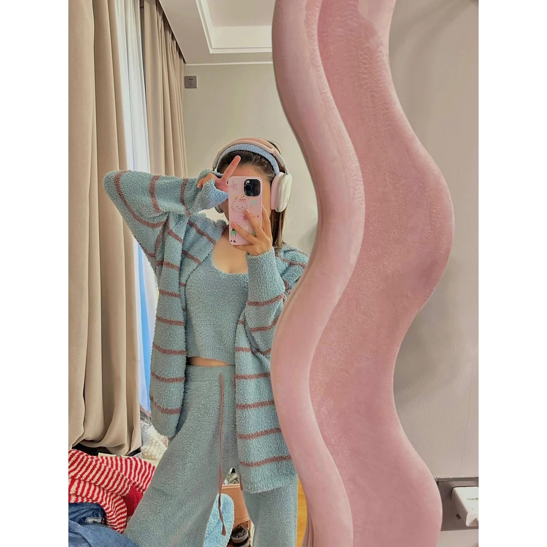 【奶蓝条纹】韩版连帽半边绒睡衣女三件套冬季加厚毛绒外穿家居服