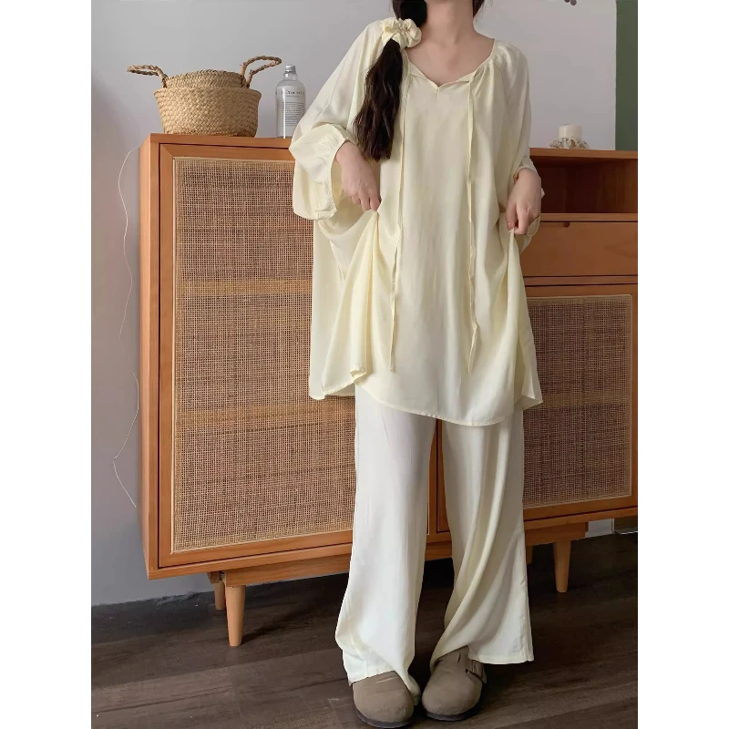 纯色高级感简约舒适长袖睡衣女春夏季新款家居少女绵绸两件套