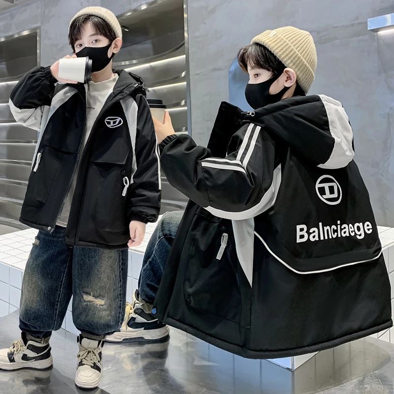 男童加绒加厚外套2023新款冬装中大儿童秋冬季保暖冲锋衣男孩棉服
