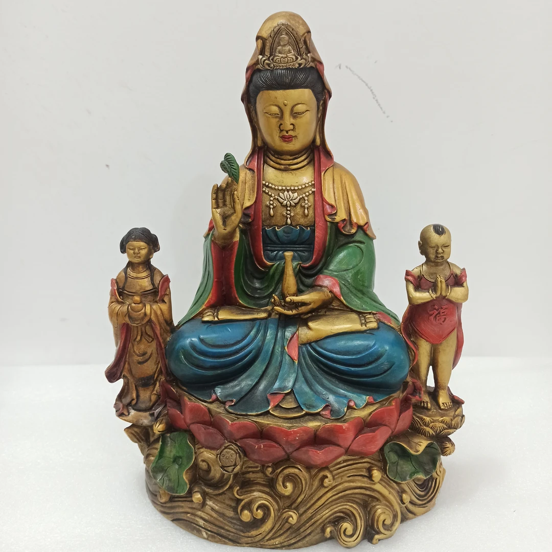 手工彩绘一佛二弟子铜工艺品摆件