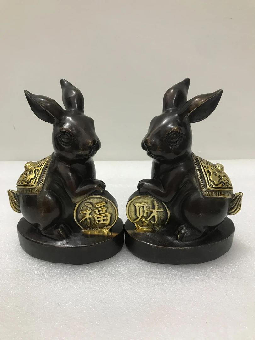 铜鎏金财富兔子摆件双兔送福十二生肖家居客厅装饰品