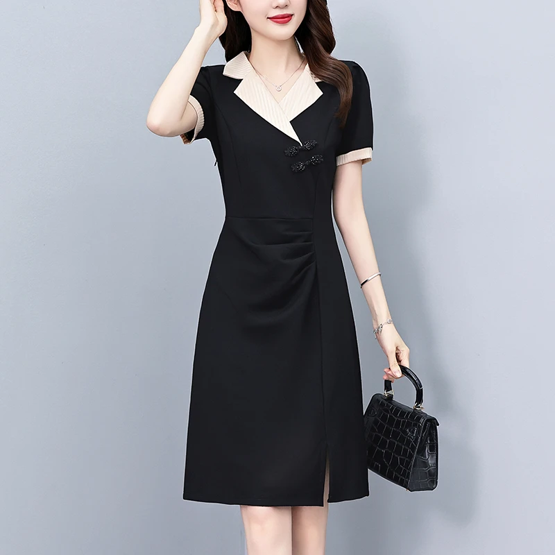 条纹职场气质修身显瘦大码女装胖mm夏季新款短袖新中式拼色连衣裙