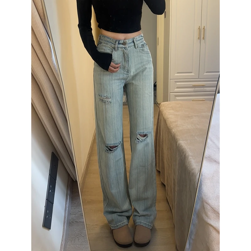 浅色破洞竹节纹肌理感阔腿牛仔裤女2025年冬季新款高腰显瘦长裤