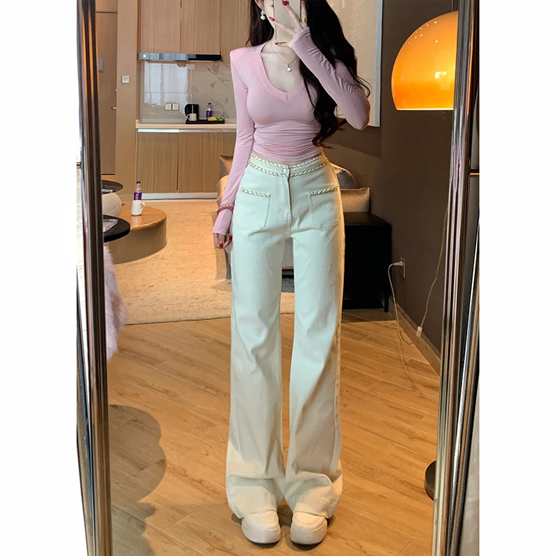 高级米白色高腰链条直筒牛仔裤女2025秋季新款显瘦弹力修身直筒裤