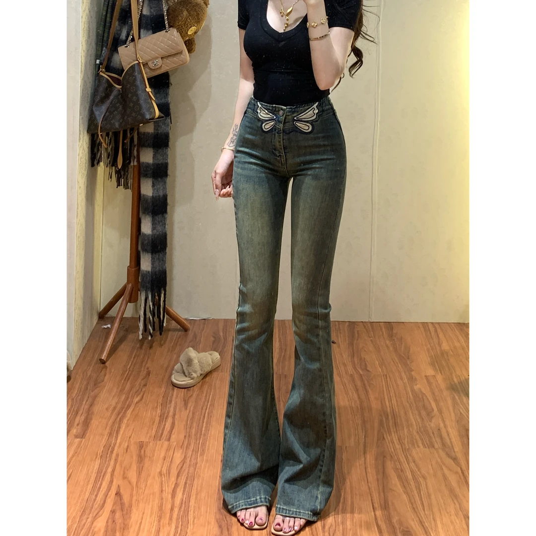复古刺绣蝴蝶微喇叭牛仔裤女2025年秋季新款百搭高腰弹力拖地长裤