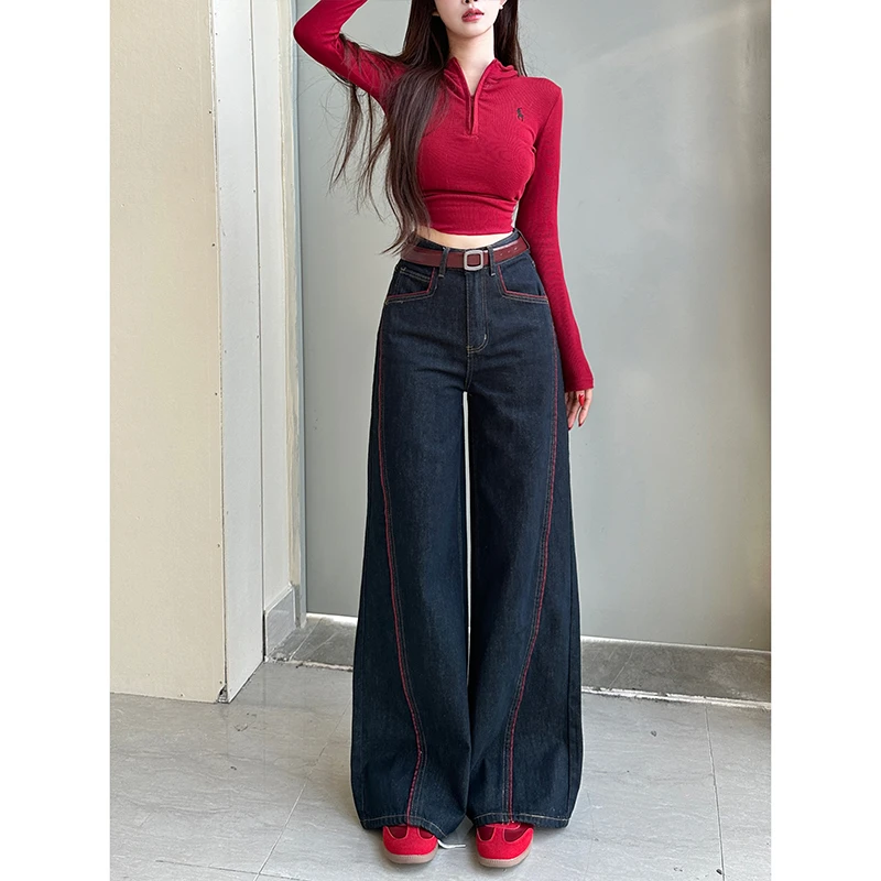 安可拉线条丹宁蓝阔腿牛仔裤女2025年冬季新款高腰宽松百搭长裤