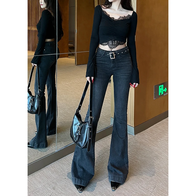 性感腰带微喇牛仔裤女中低腰2025年冬季新款弹力提臀显瘦喇叭长裤