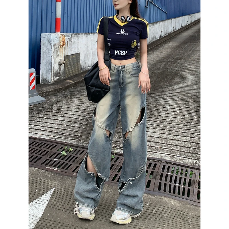 破洞镂空做旧阔腿牛仔裤女2025年秋季新款小众高腰显瘦拖地长裤