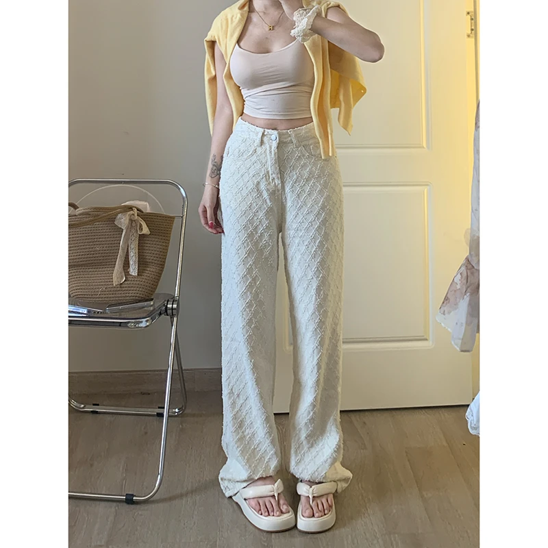 白色宽松菱格小香阔腿牛仔裤女2025年秋季新款高腰显瘦休闲阔腿裤