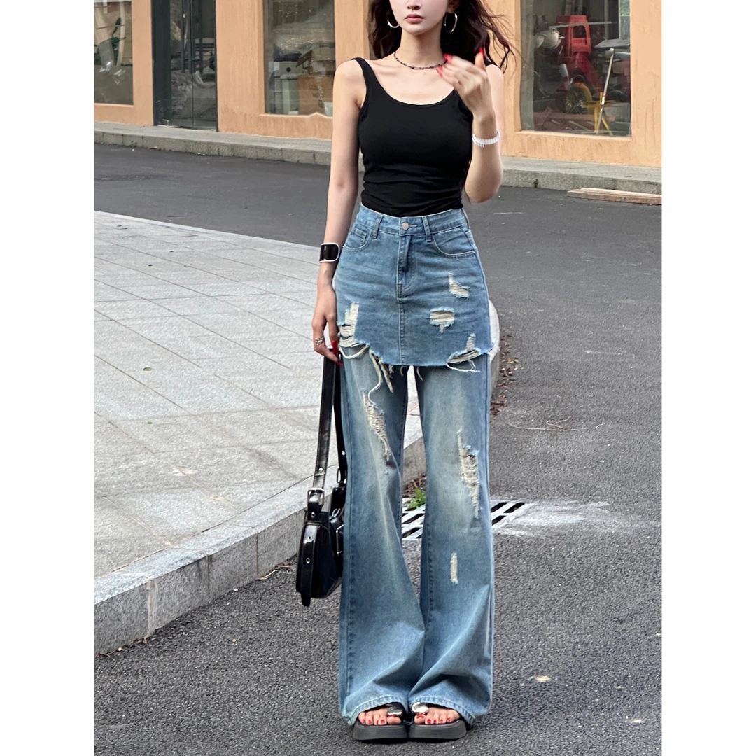 假两件裤裙不贴腿微喇叭牛仔裤女2025秋季新款破洞高腰显瘦长裤