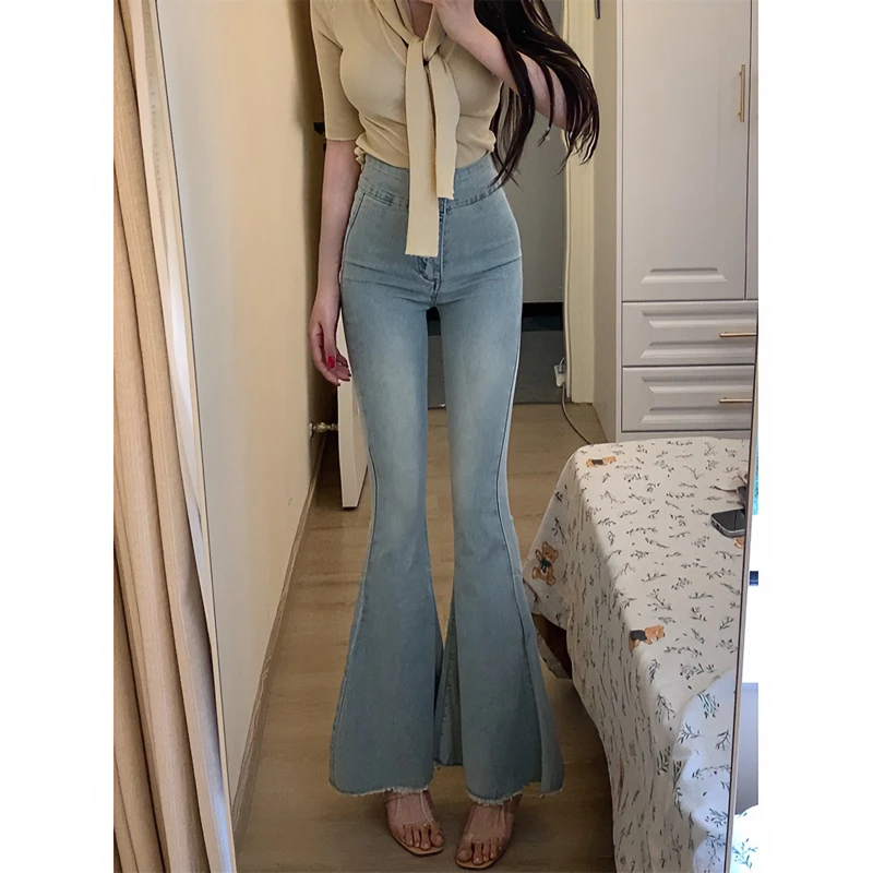 浅蓝色高腰微喇牛仔裤女2025秋季新款弹力修身显瘦弹力鱼尾喇叭裤