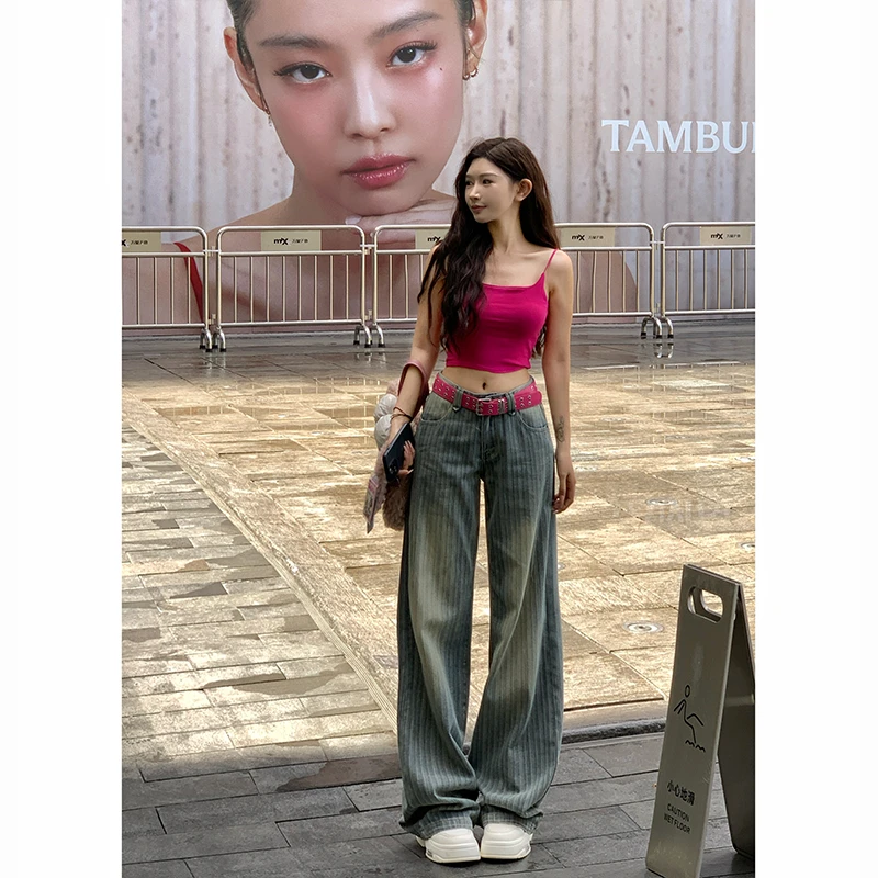设计感条纹阔腿牛仔裤女2025冬季新款低腰宽松显高垂感拖地长裤