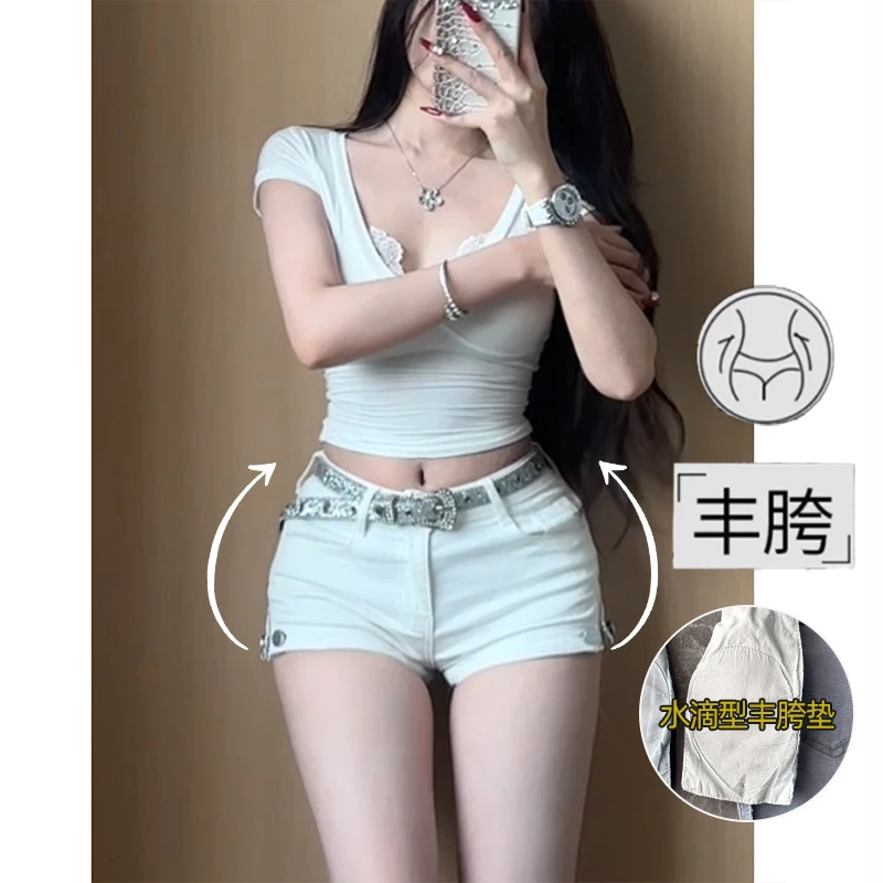 白色侧边拉链紧身丰胯牛仔短裤女2025年秋季新款百搭弹力显瘦热裤