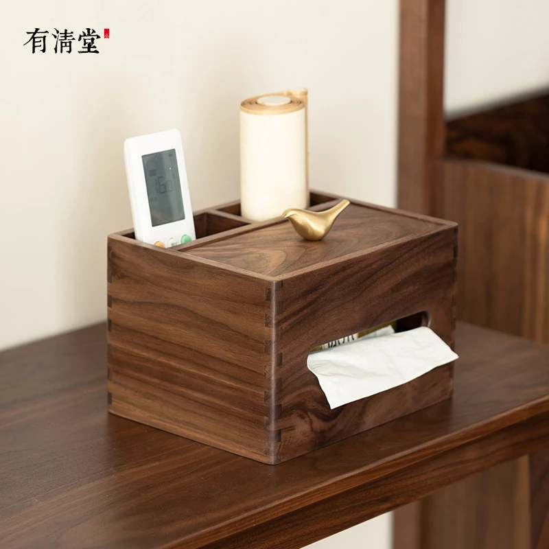有清堂新中式北美黑胡桃木纸巾盒复古铜鸟创意木质家用客厅收纳盒