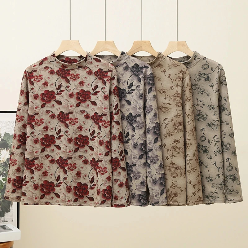 冬季新款洋气中老年妈妈印花修身保暖长袖内搭加绒打底衫宽松上衣