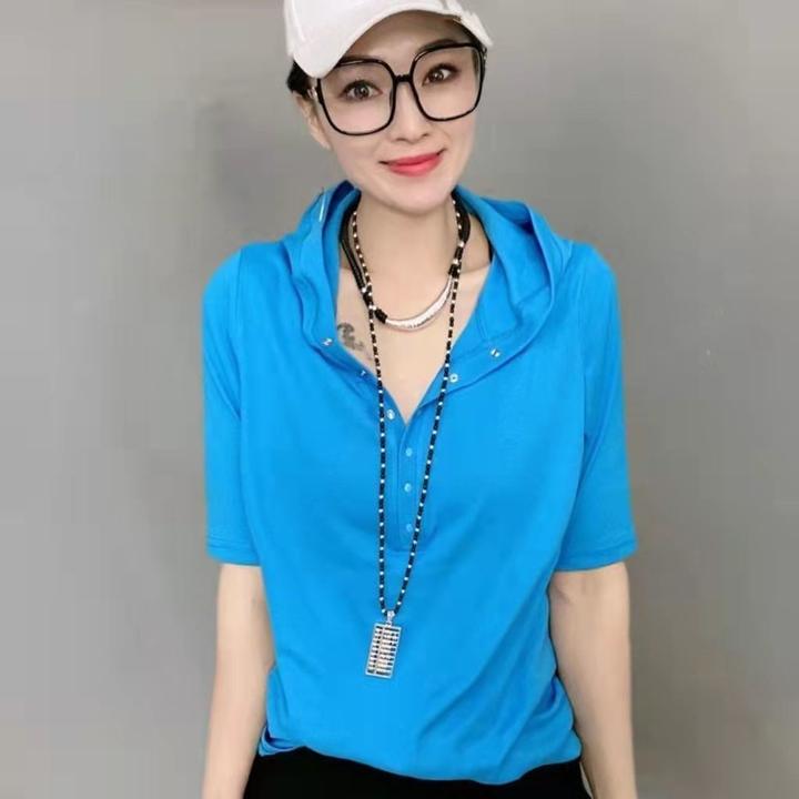 韩版夏季新款带帽卫衣女弹力宽松时尚百搭高档T恤休闲上衣女连帽