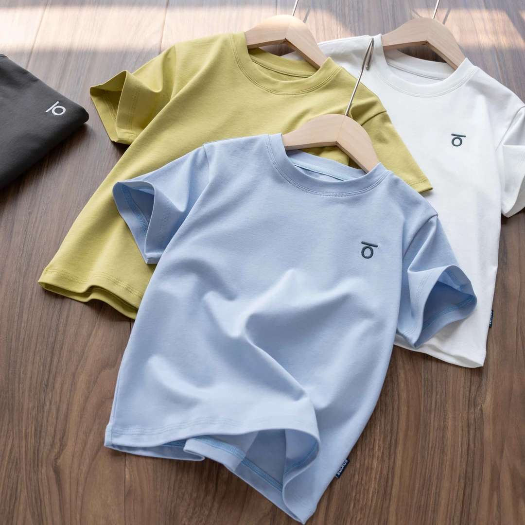 24XS07液氨棉纯棉短袖体恤刺绣款纯色男童女童透气半袖圆领宽松