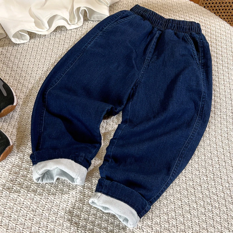23DK06儿童牛仔裤长裤加厚双层百搭时尚纯色男童女童韩版休闲裤