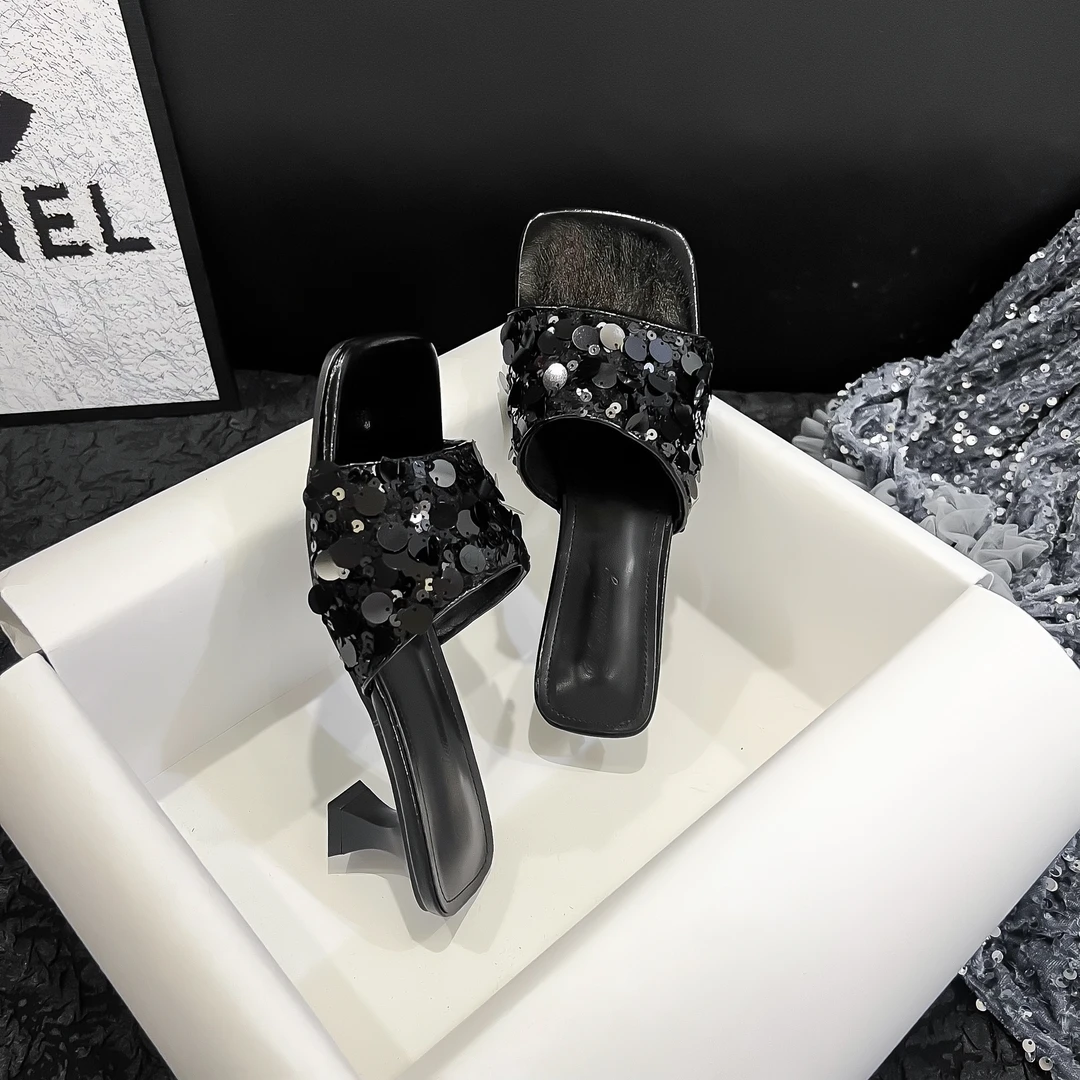 网红洋气方头亮片一字拖女2024新夏性感粗跟时尚韩版外穿凉拖鞋