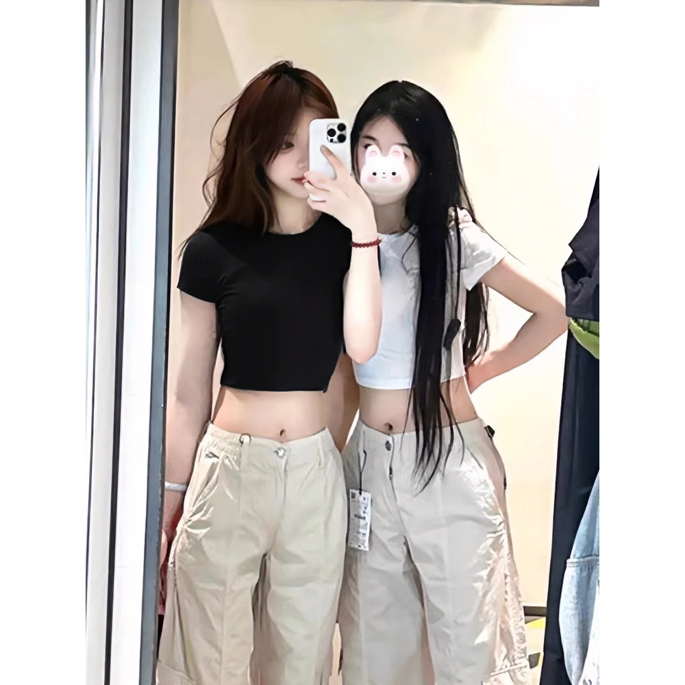 白色短袖T恤女装2025夏季小众弹力修身百搭简约辣妹露肚脐上衣服