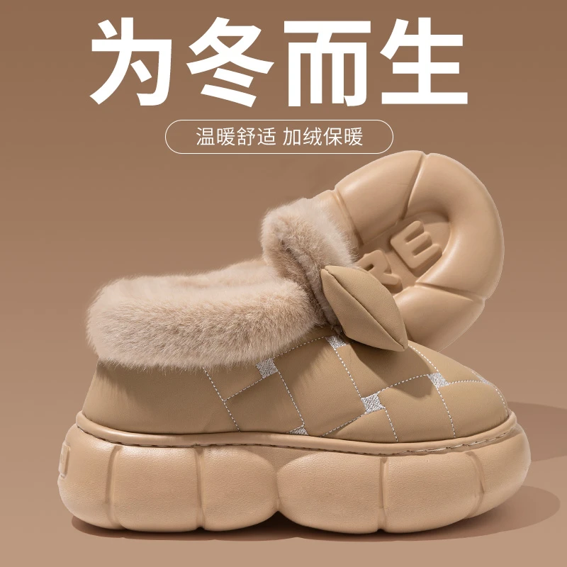 高质量防水棉拖鞋女士可爱蝴蝶结厚底踩屎感加绒冬天保暖棉鞋女童