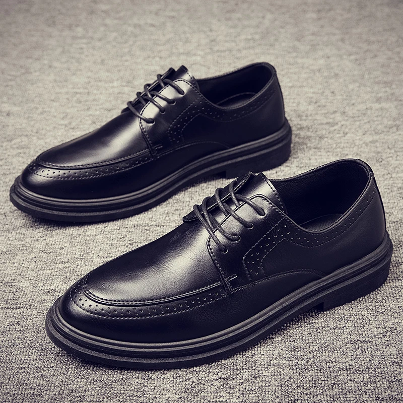 高端轻奢休闲皮鞋增高黑色英伦男士工作商务正装马丁靴布洛克男鞋