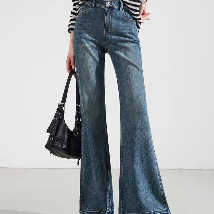 默认瑕疵时尚复古毛边高腰微喇叭牛仔裤女2024年春新款显瘦筒