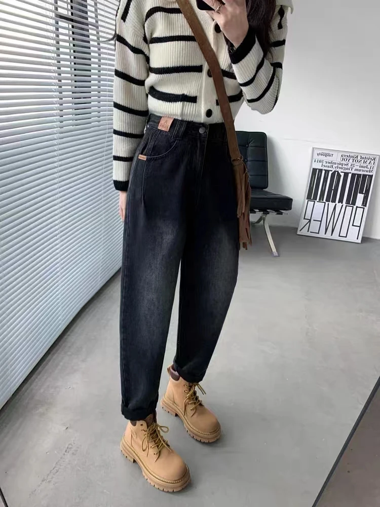 默认瑕疵黑色牛仔裤女高腰哈伦裤秋冬加绒爆款宽松显瘦萝卜老爹裤