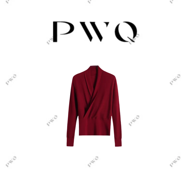 【优雅法则】上衣针织V领羊-毛长袖翻领下摆褶皱气质百搭LV-92708