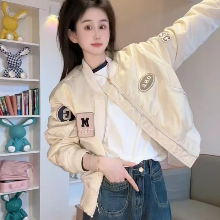 2024冬季新款刺绣贴标潮牌欧货百搭棒球服夹克外套薄棉女宽松外套