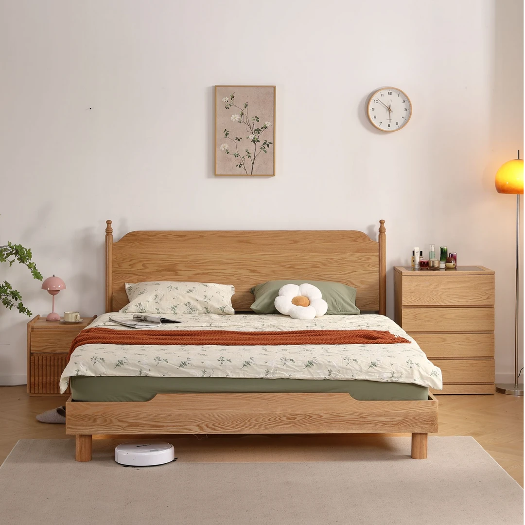 法式中古红橡木双人大床复古家具卧室家用1.8米大床无忧充电大床