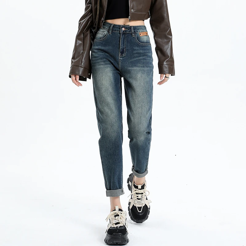 2023秋冬新款时尚潮流高腰宽松显瘦弹力哈伦萝卜直筒牛仔老爹裤女