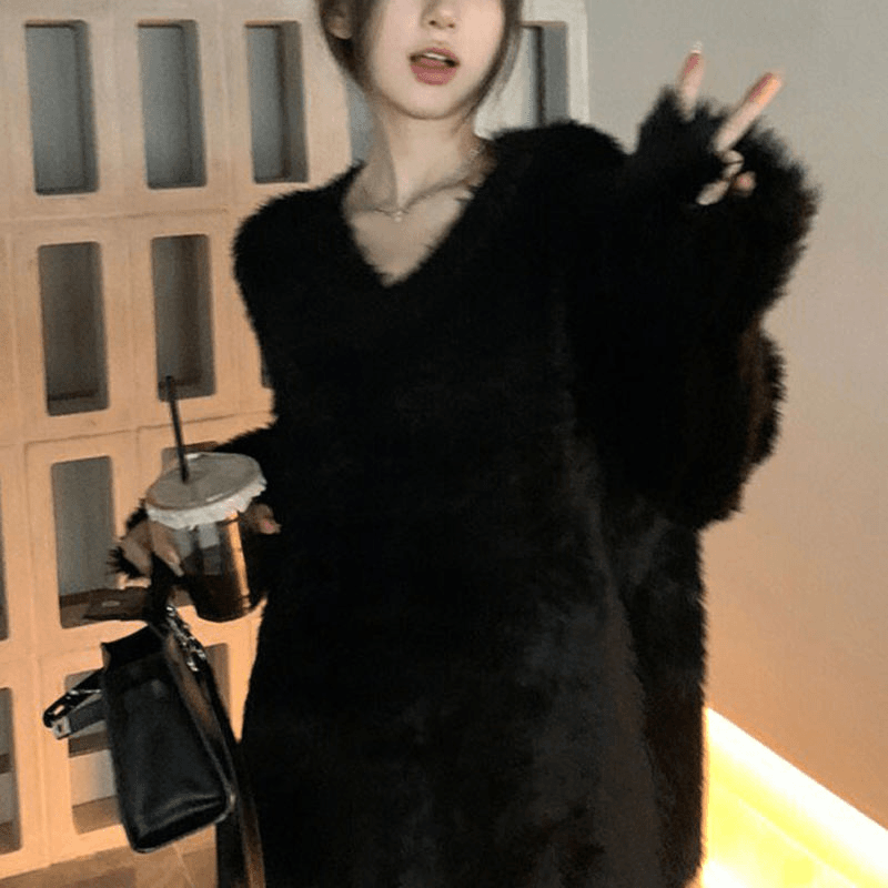 韩版感慵懒黑色软糯v领马海毛毛衣女秋冬加厚宽松套头欲针织衫女