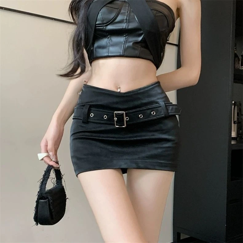 辣妹欧美性感百搭防走光裙子黑色包臀裙紧身皮裙pu皮显瘦半身裙