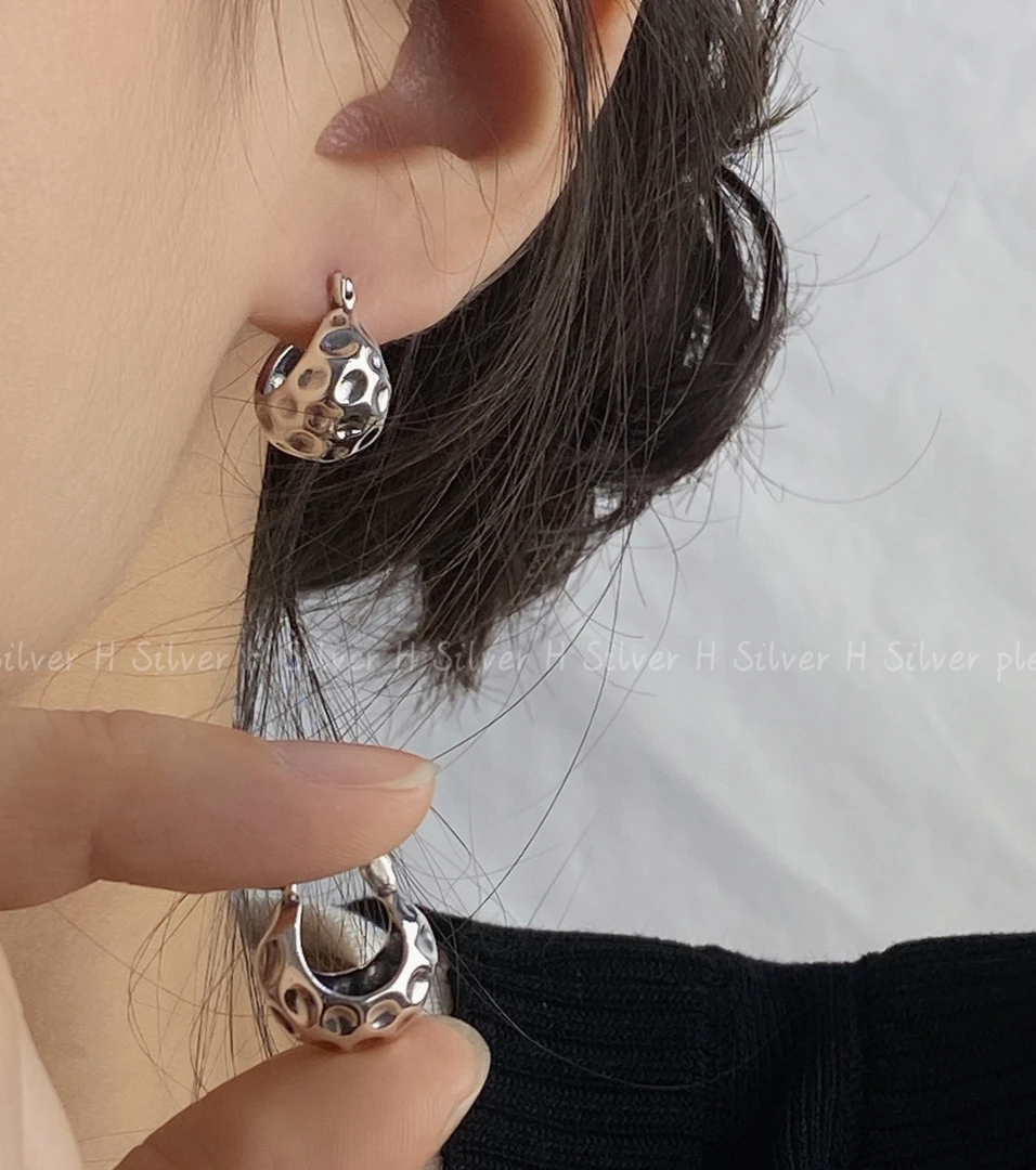 925银耳饰 锤纹肌理半圆耳扣耳饰 Y1582 复古欧美高级感