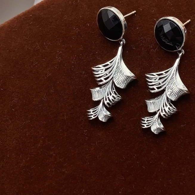 925银耳饰 刻面脑黑银杏叶耳坠耳钉 C6661 手工轻奢百搭