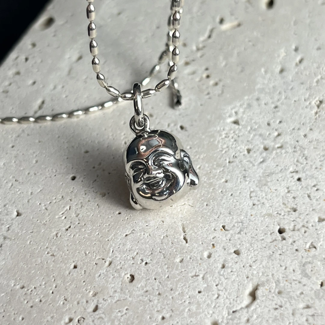 吊坠925银 立体弥勒佛头吊坠(不含绳链) C6392 时尚复古轻奢