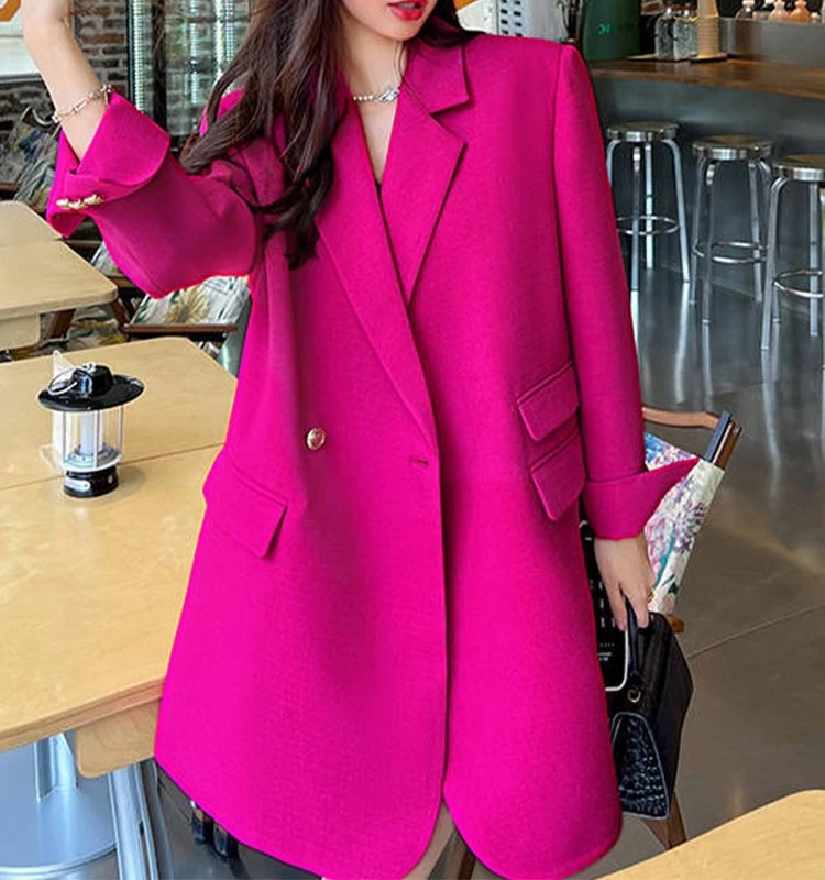 春秋新款大码玫红色西装外套女胖mm高级感休闲宽松韩版小西服