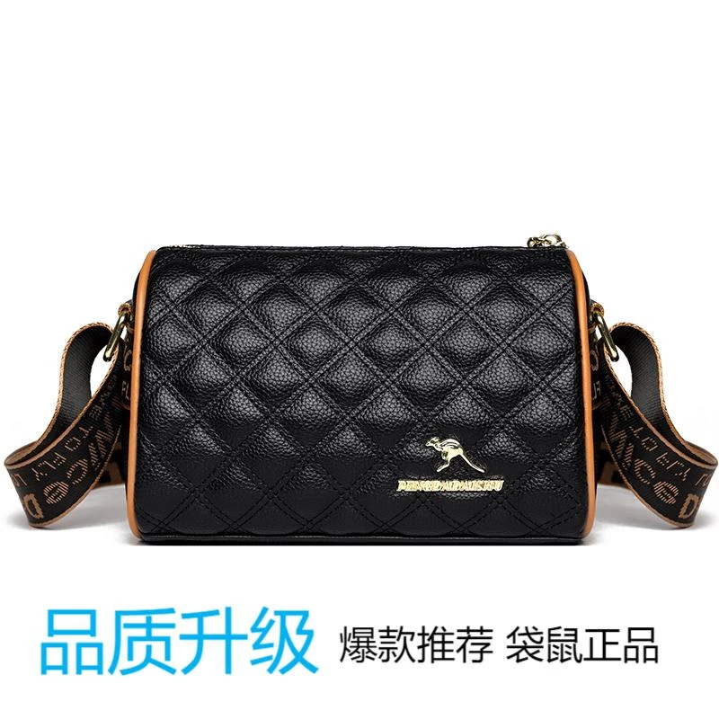 袋鼠真皮真皮质感包包女士枕头包百搭中年单肩菱格肩包绣线软皮