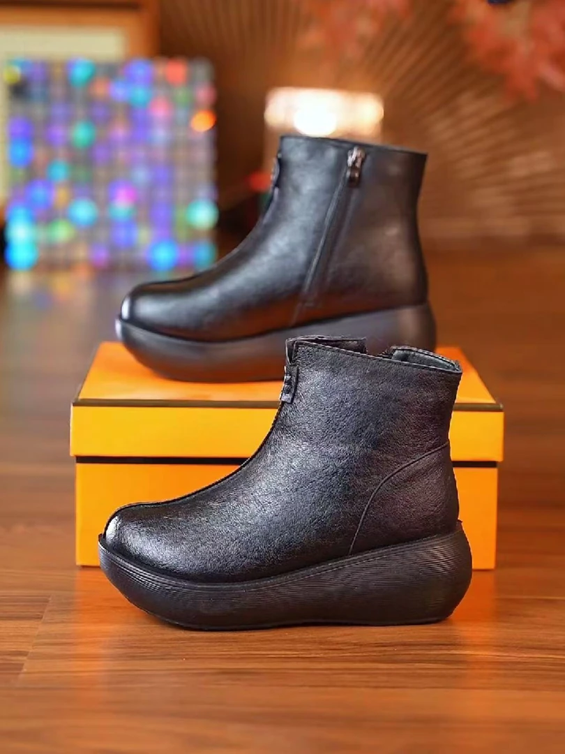 Tt2024秋冬新款圆头厚底保暖马丁松糕短靴加厚加绒防滑妈妈棉靴