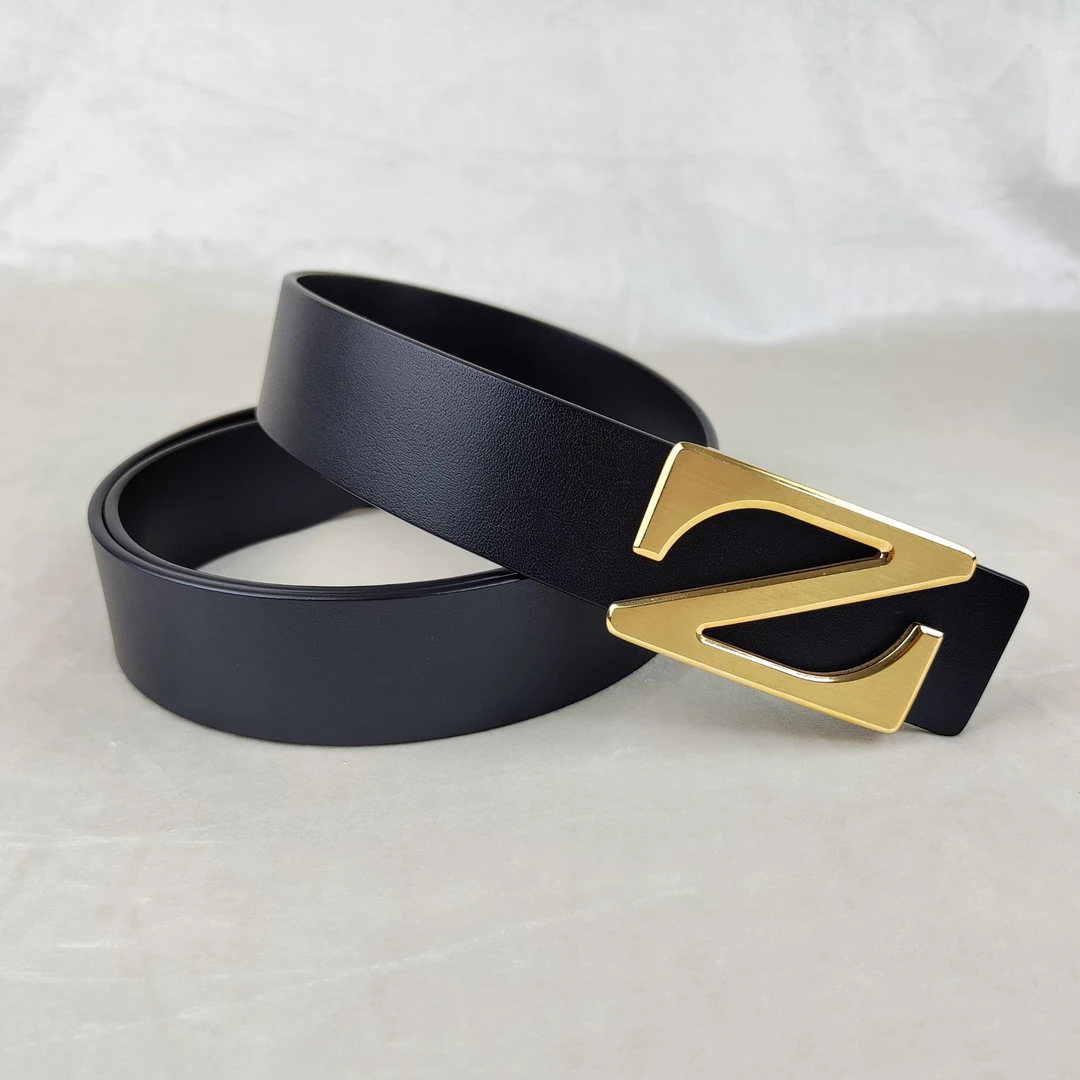 时尚Z字型平滑扣头层牛皮男士百搭黑色真皮皮带 手工制作男款裤带