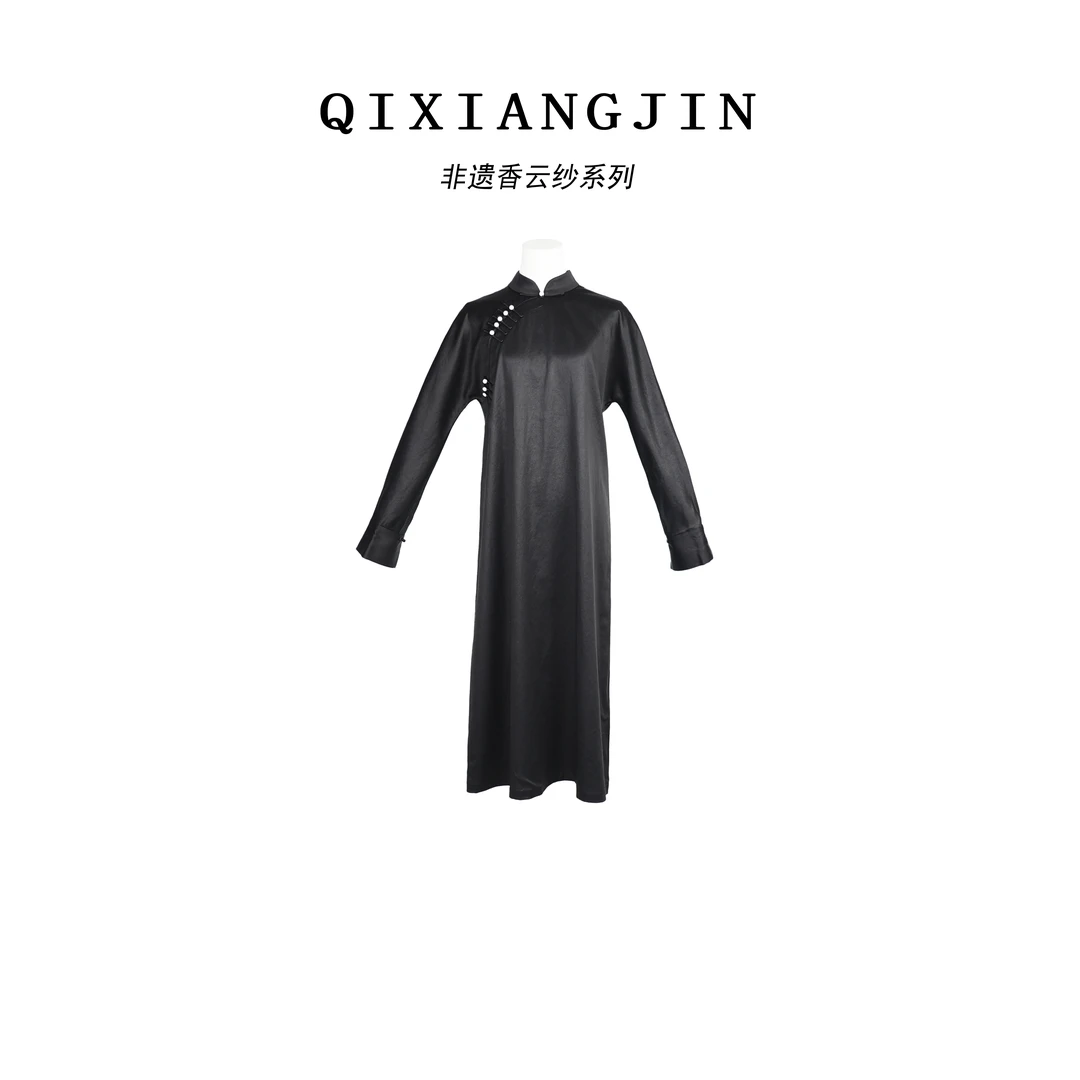 【栖香锦】“我歌月徘徊， 我舞影零乱”设计师款 新中式 香云纱连衣裙