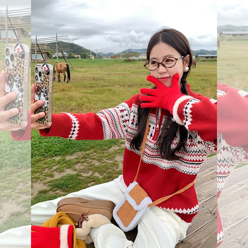 曾小咸 复古慵懒风圣诞红色polo毛衣Z244MR3689