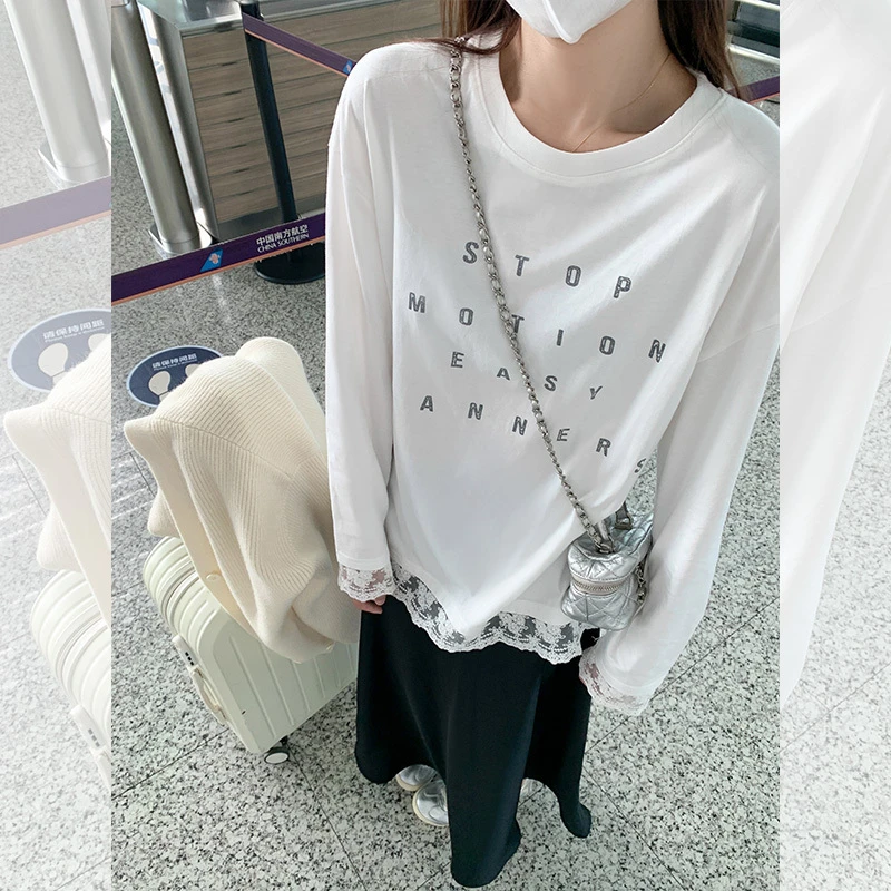 曾小咸9.1新品 韩系百搭下摆蕾丝边设计白色长袖T恤Z243TY3063